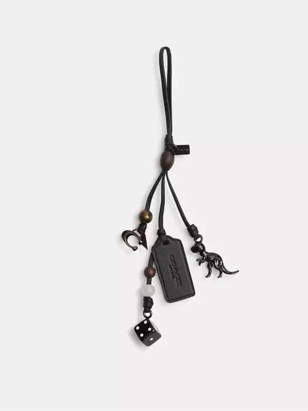 Coach Heritage Black Leather Loop Charm Keychain with Beads, Rexy Dinosaur, Dice